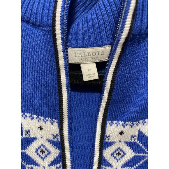 Talbots 1/4 zip Sweater Women's SIZE Medium P Blue & White Fair Isle Snowflake - Picture 3 of 4